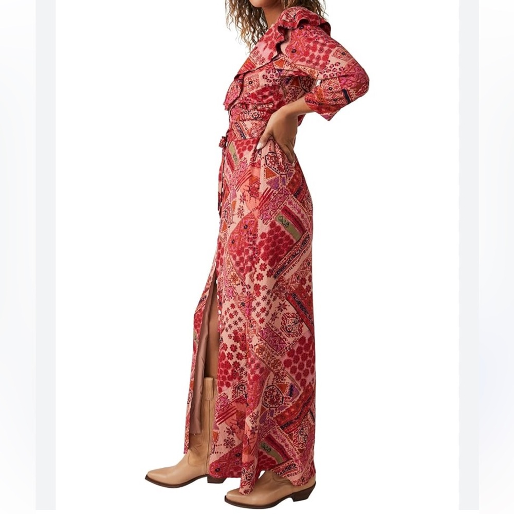 Free People Red Patchwork Long Sleeve Dress